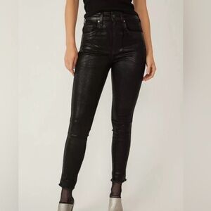 We The Free Denim High Rise Skinny Jeans Black Coated Shimmer Frayed Size 26 27